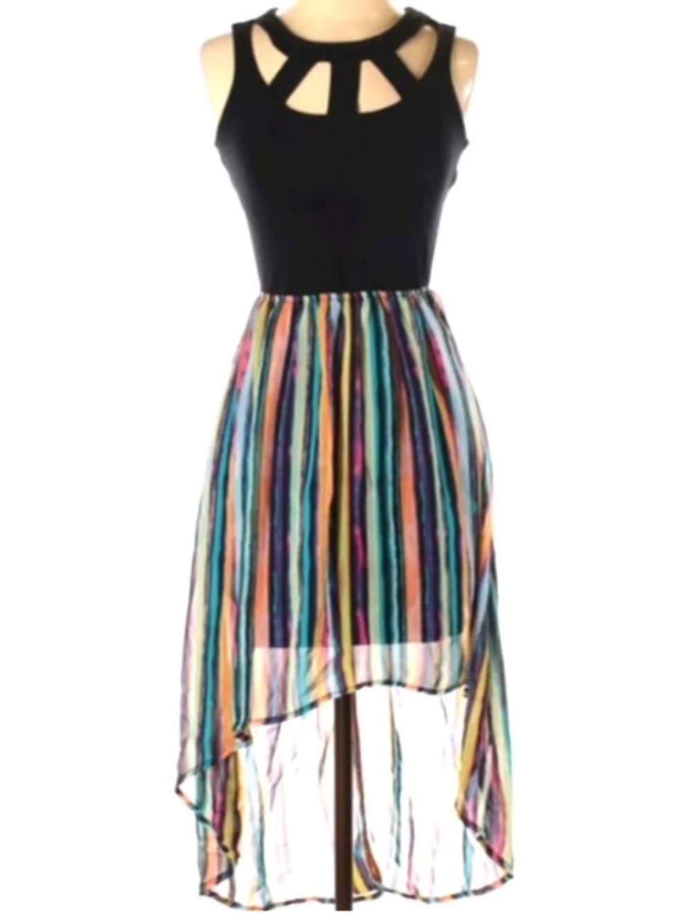 High Low Cut-out Dress rainbow multicolor flowy skirt detail  - size small with